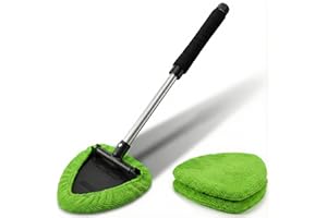 TAKAVU Car Window Cleaning Tool, Windshield Wiper Cleaner with Extendable Long-Reach Handle, 3 Washable Reusable Microfiber Bonnets, Car & Home Inside Interior Exterior Use - Lint Free (Green)