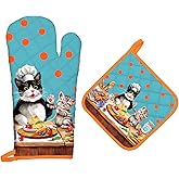 Arquiel Cute Cat Oven Mitts and Pot Holders Sets 2Pcs, 100% Cotton Heat Resistant, Extra Long Oven Gloves Potholder for Kitchen Cooking Baking Decoration