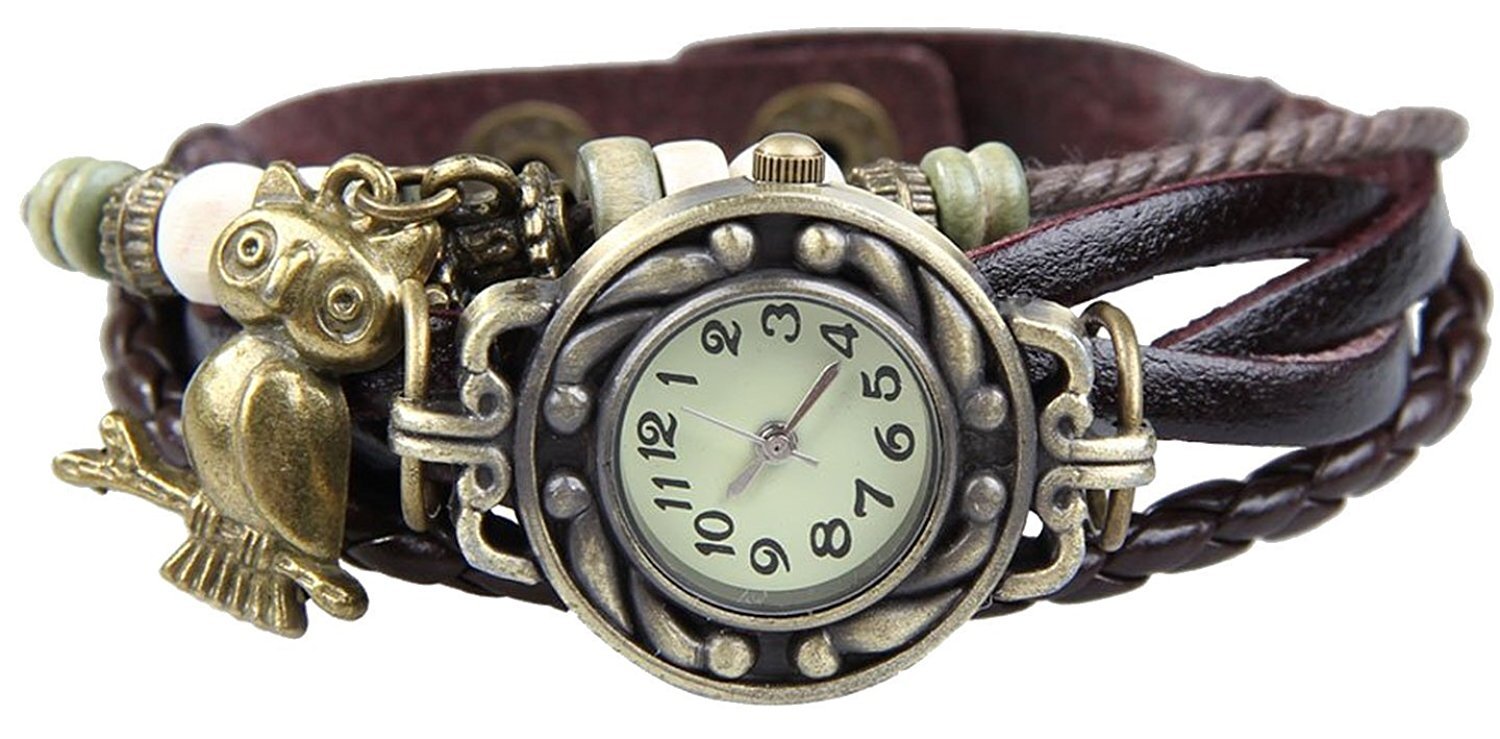 Boolavard OWL Quartz Fashion Weave Wrap Around Leather Bracelet Women Wrist Watch