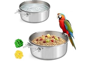 XXMBBJY 2 Pcs Stainless Steel Bird Food Water Bowls, Parrot Feeding Dish Cups with Clamp Holder Bird Ball Toys for Chinchilla, Cockatiel, Conure, Budgies, Parakeet, Lovebird, Small Animals (Small+Medium)