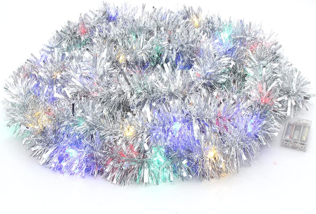 Wreaths, Garlands & Swags - CCINEE Christmas Prelit Tinsel Garland, 33 Ft Silver Hanging Garland with 100 Multicolored Battery Operated LED String Lights for Christmas Tree Decorations Wedding Party Supplies