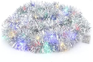 CCINEE Christmas Prelit Tinsel Garland, 33 Ft Silver Hanging Garland with 100 Multicolored Battery Operated LED String Lights for Christmas Tree Decorations Wedding Party Supplies