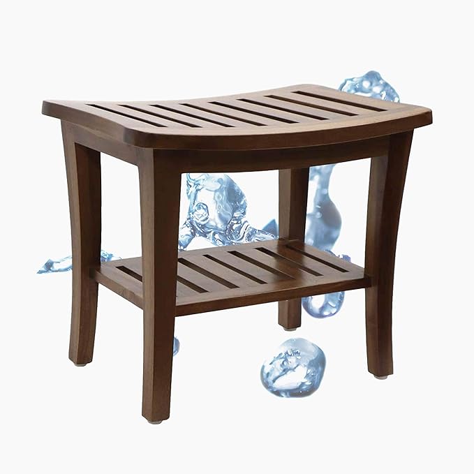 Teak Shower Stool & Bench with Storage Shelf, Spa Bath