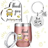 Geetery 3 Pcs School Bus Driver Appreciation Gifts Set Christmas Thank You for Keeping Me Safe 12 oz Insulated Tumbler Acrylic Heart Decor Keychain School Bus Driver Gifts for Women Men Graduation