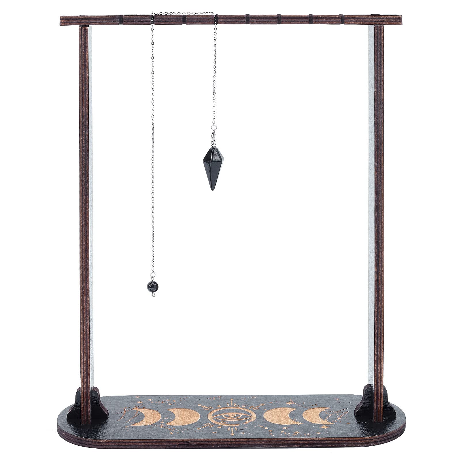 CREATCABIN Moon Phase Pendulum Display Stand Holder Wooden Crystal Display Shelf with Obsidian Crystal Black Divination Dowsing Witch Stuff for Stones Crystal Rocks Necklace Decor 11.81x3.15x0.98 Inch