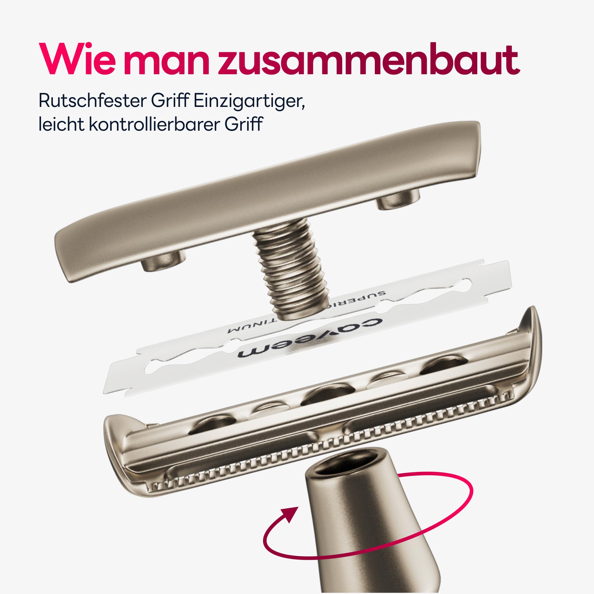 CAVEEM Rasierhobel mit zwei Klingen, Einklingenrasierer mit 5 Rasierklingen aus Edelstahl für Männer und Frauen, wiederverwendbarer Rasierer aus Metall – Champagner matt 6