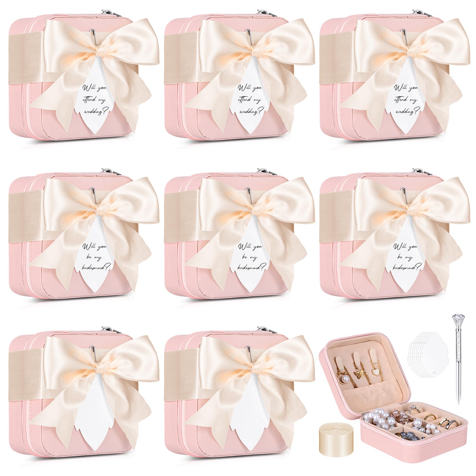 Photo 1 of 8 Pcs Bridesmaid Proposal Jewelry Box Bridesmaids Proposal Gift Boxes Jewelry Travel Case with 8 Message Cards, 8 Pins,Women Bridesmaids Wedding Gifts Earring Ring Accessories Storage Organizer(Pink)