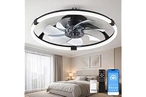 Lujeet Low Profile Ceiling Fan with Light for Bedroom, Flush Mount Ceiling Fans with Lights and Remote, 19.7'' Modern LED Cei