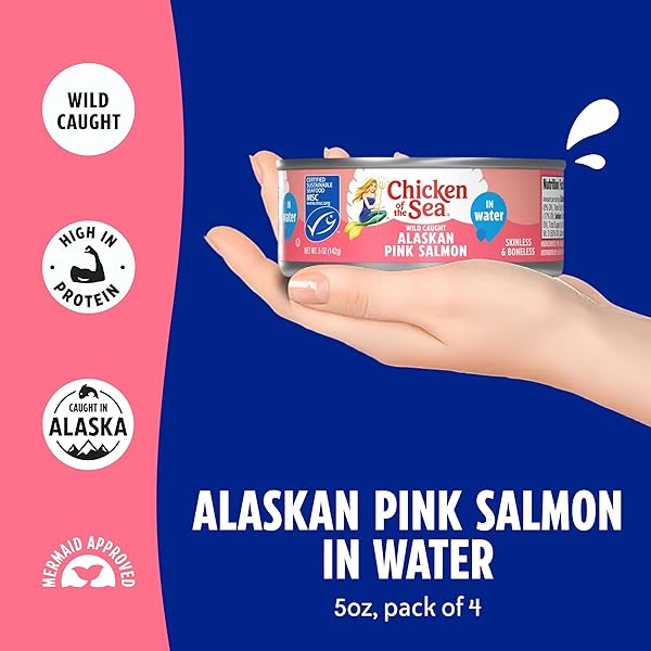 CHICKEN OF THE SEA ALASKAN PINK CANNED SALMON IN WATER, 5 OUNCE CANS, 4-COUNT – HIGH PROTEIN SKINLESS & BONELESS WILD CAUGHT SALMON – DELICIOUS WILD SALMON FOR BURGERS, PASTA, & MORE