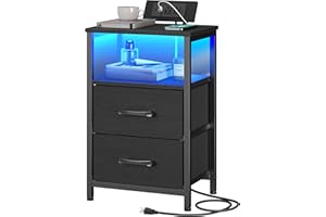 HOOBRO Nightstand with Charging Station, Bedside Table with LED Lights and 2 Fabric Drawers, End Table with Outlets and USB P