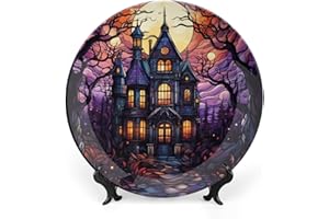 GOKAYS Haunted House Scary Night Decorative Plates Halloween Home Decor Ceramic Plates, Stained Glass Design Dinner Plates Display for Living Room, Hallway Console Side Table, 10 Inch