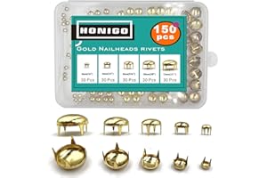 Honigo 150pcs Nailheads Round Dome Studs Rivets Gold Metal Solid Brass 4/6/8/10/12mm 4 Prongs Spikes Spots for Leather Craft Clothes Belt Bag Shoes Decorations Totes DIY Craft