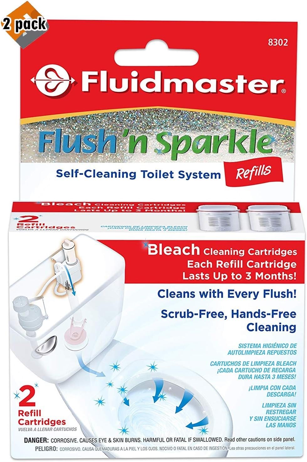 Fluidmaster 8302P8 Flush 'n Sparkle Automatic Toilet Bowl Cleaning System Refills, Bleach 4-Pack