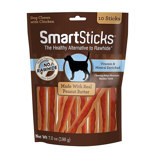 SMARTBONES SMARTSTICKS WITH REAL PEANUT BUTTER RAWHIDE-FREE CHEWS FOR DOGS, 10 COUNT