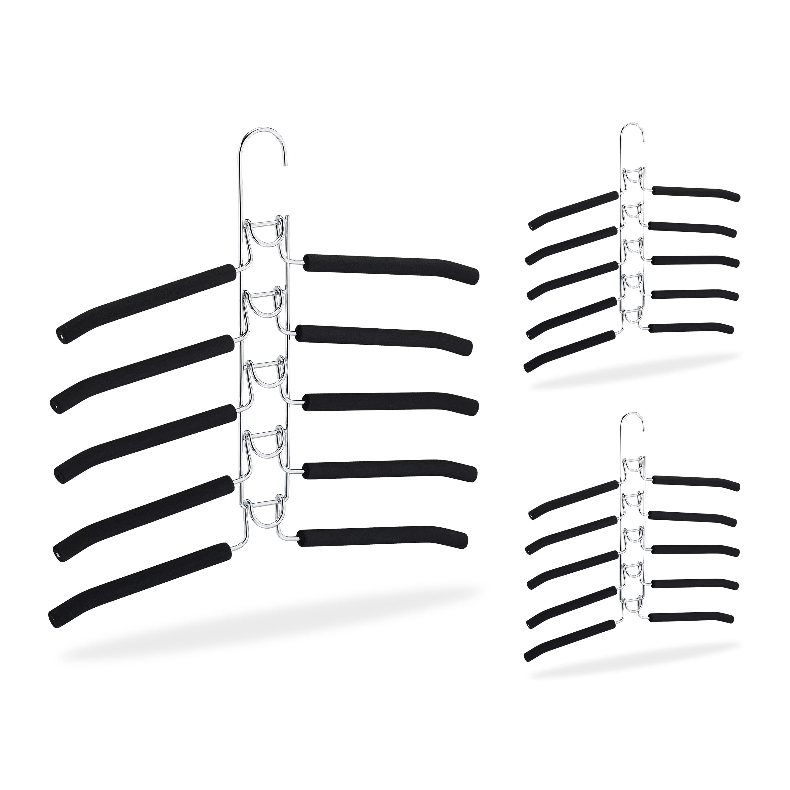 Relaxdays Set of 3 Multi Clothes Hangers, Space Saving, 5 in 1 Rack, Compact & Non-Slip, 39 x 40.5 x 2 cm, Silver/Black