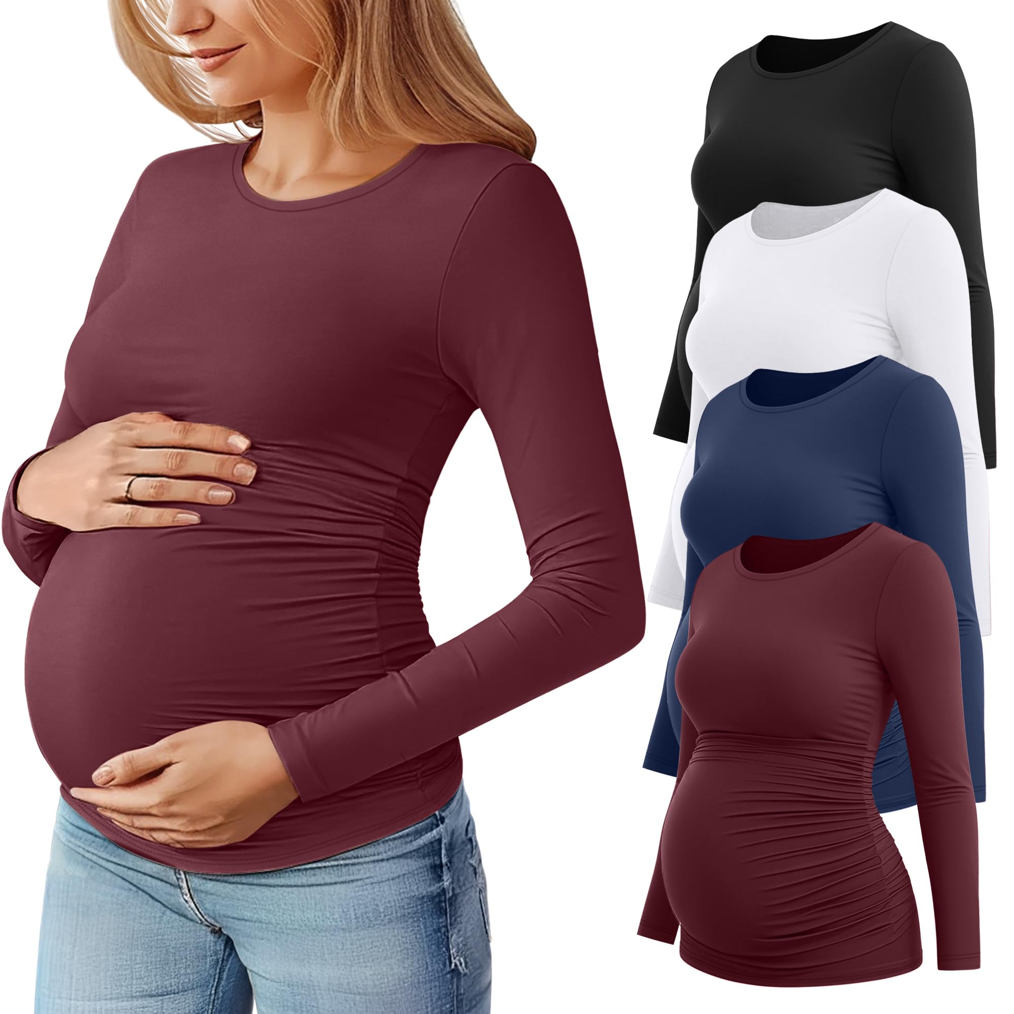 Photo 1 of ***MISSING PIECES*** Huukeay 4 Pack Women's Maternity T Shirts, Long Sleeve Side Ruched Pregnancy Top Crew Neck Bodycon Shirts Casual Mama Clothes(Black, White, Navy Blue, Wine Red,Large)