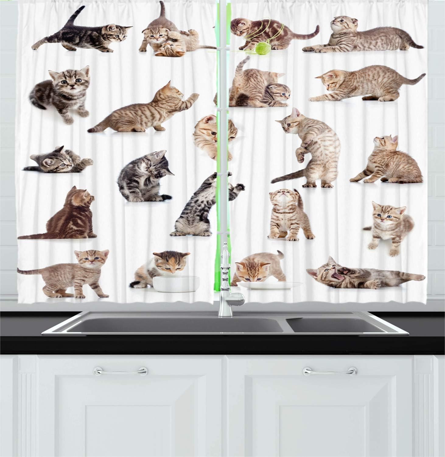 Ambesonne Cat Kitchen Curtains, Illustration of Funny Playful Cats on White