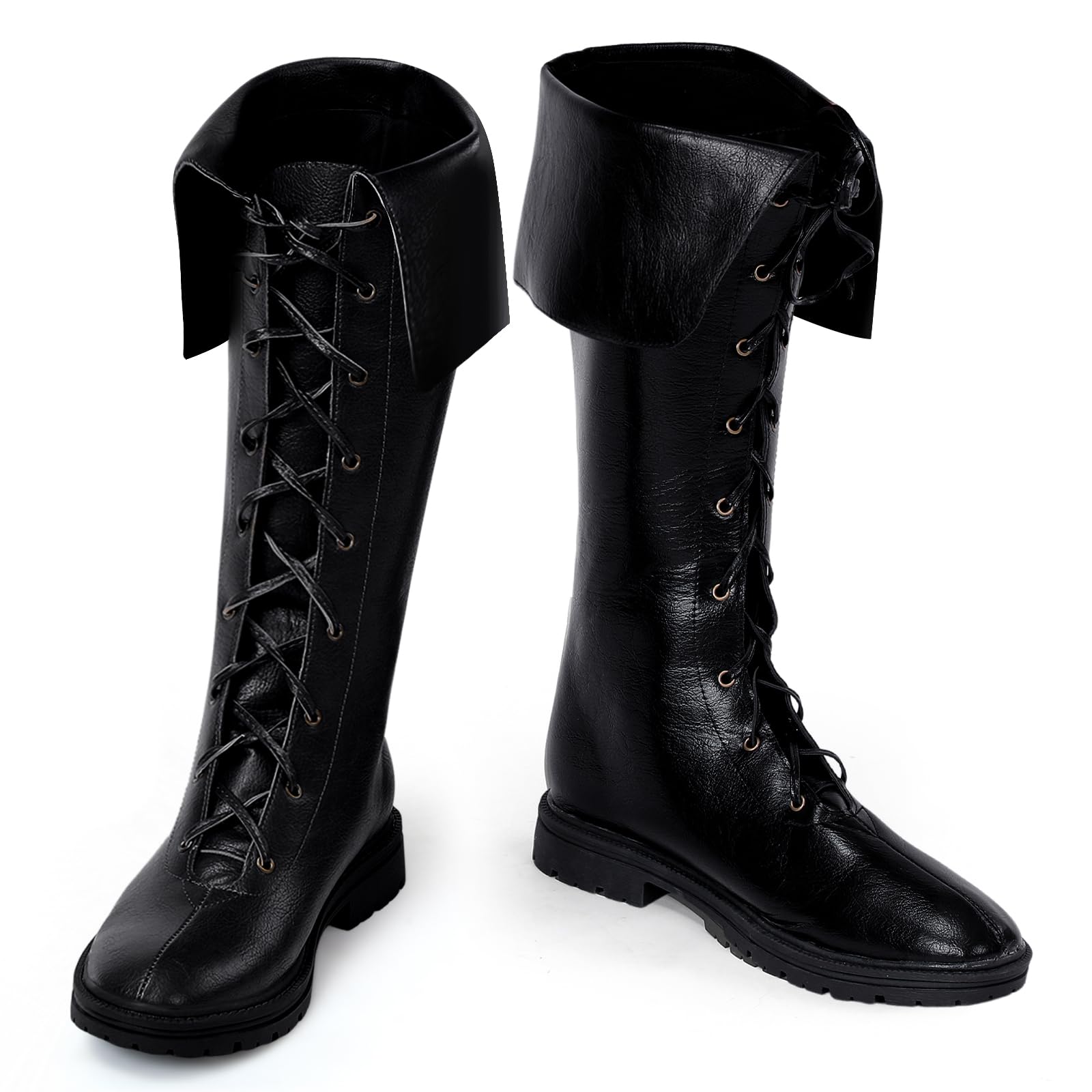 Photo 1 of ramede Mens Medieval Halloween Boots Renaissance Viking Boots Gothic Leather Boots Pirate Costume Boots High Tube Tied Shoes (Black,Us 13)