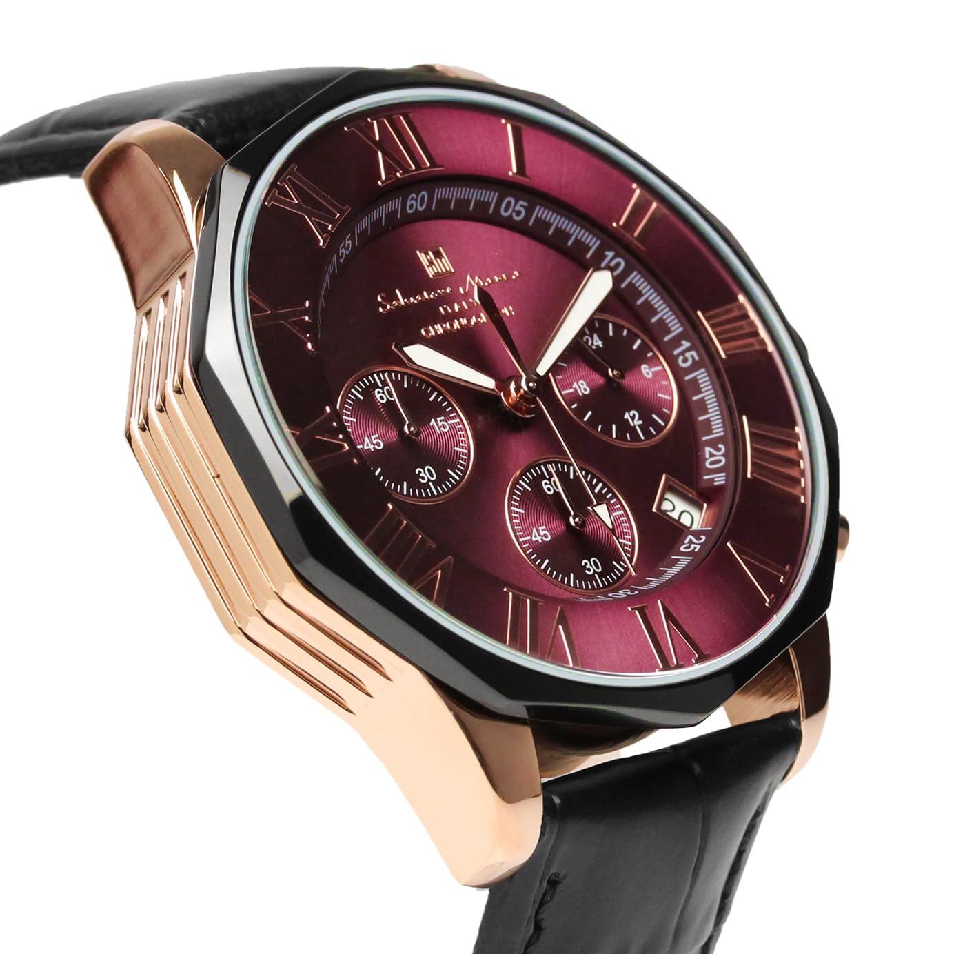 Salvatore Mala SM15104-PGPLLE Wristwatch, Red Chronograph, Water Resistant to 10 ATM, Business, Formal, Men's Leather Strap, Burpull, Black