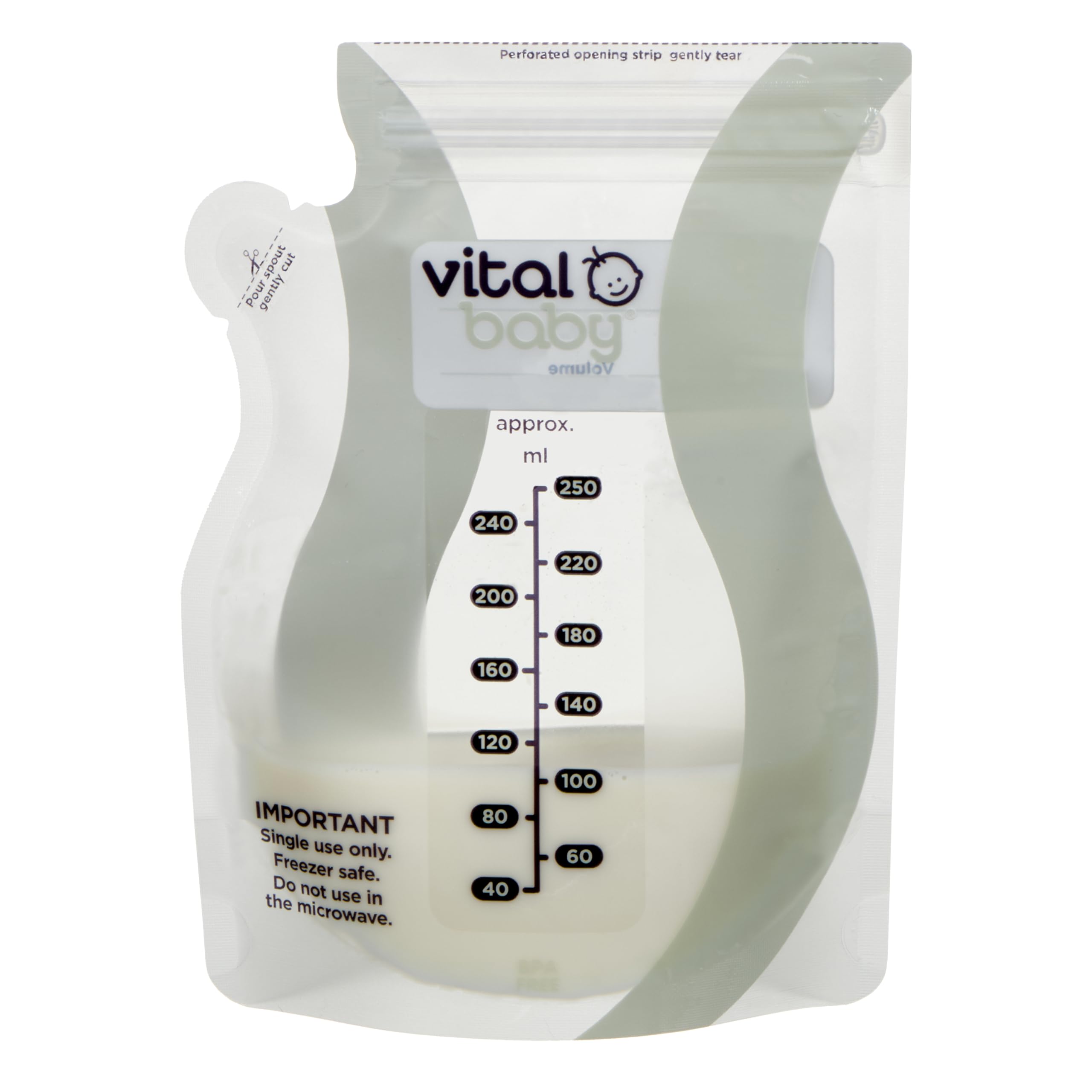 Vital Baby Nurture Easy Pour Breast Milk Storage Bags 250ml 30pk – Breastmilk Collection Pouches - Non-Spill & Leakproof with Hygiene Spout - BPA, Phthalate & Latex Free - Store in Fridge or Freezer