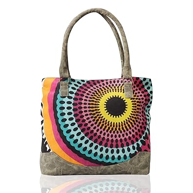INDOFAS Womens Canvas Printed With PU Leather Tote Bag (IDFMIA003, Multicolor)