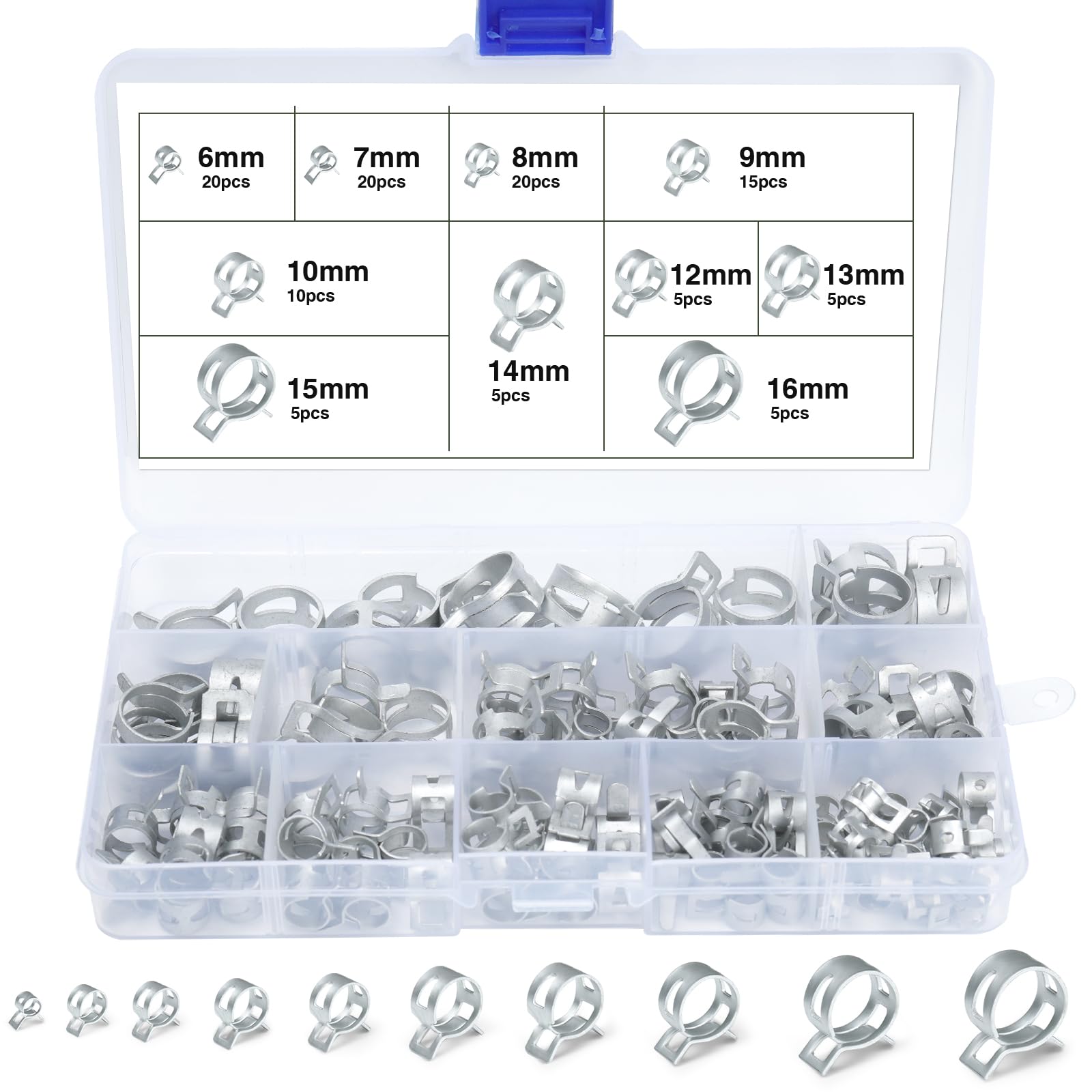 REJOECE 110 Pcs Spring Hose Clamps, 10 Size Metal Fuel Line Hose Clamps Clips, Fuel Line Water Pipe Air Drain Tube Silicone Vacuum Clamp Fastener Spring Clamps 6/7/8/9/10/12/13/14/15/16mm (Silvery)
