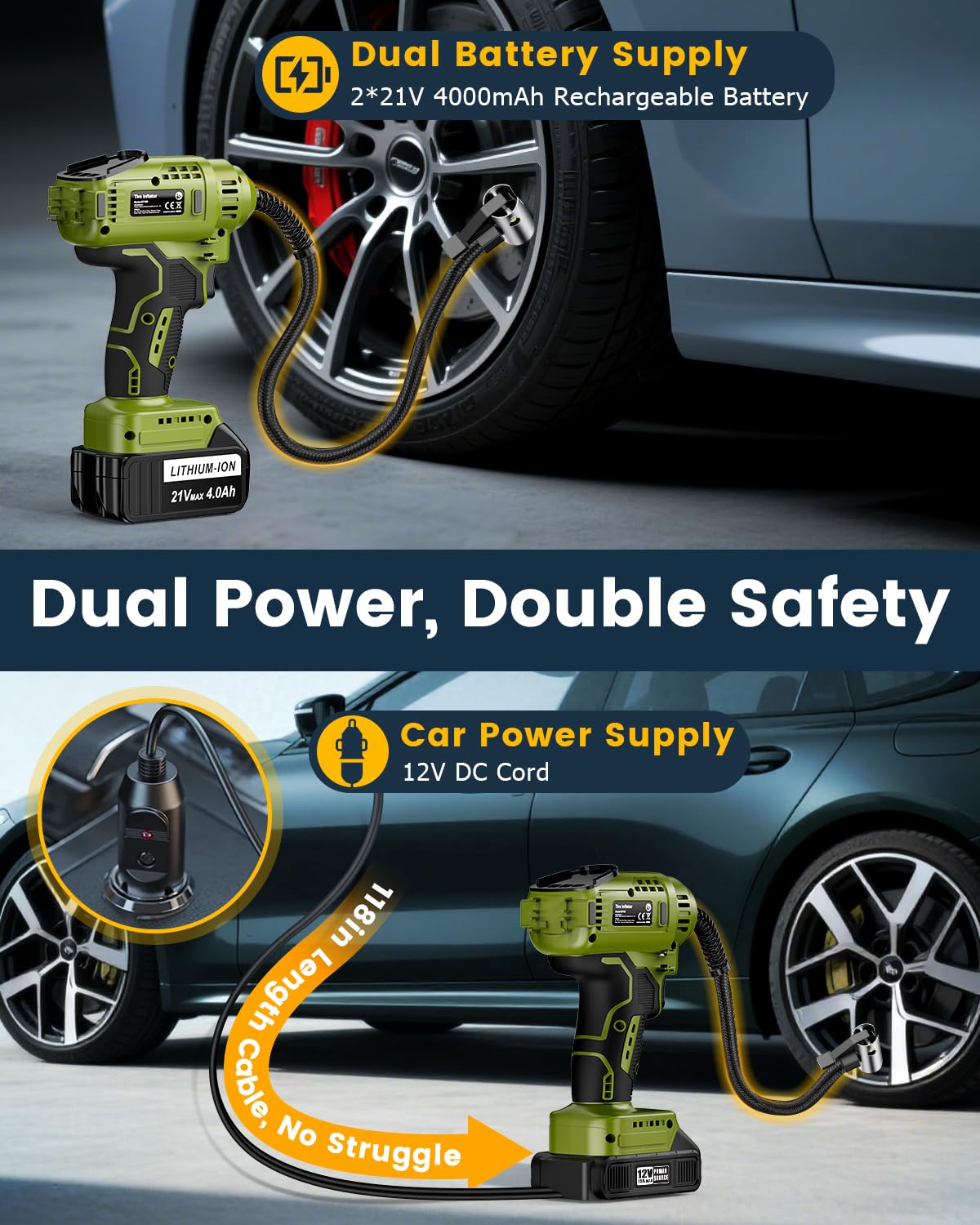 Portable Tire Inflator for Car with 2x4000Mah 21V Batteries, Runs Quiet, Auto Off, Fast Powerful Cordless Battery Powered Air Pump Compressor, Max 150Psi w/Accurate Digital Pressure Gauge
