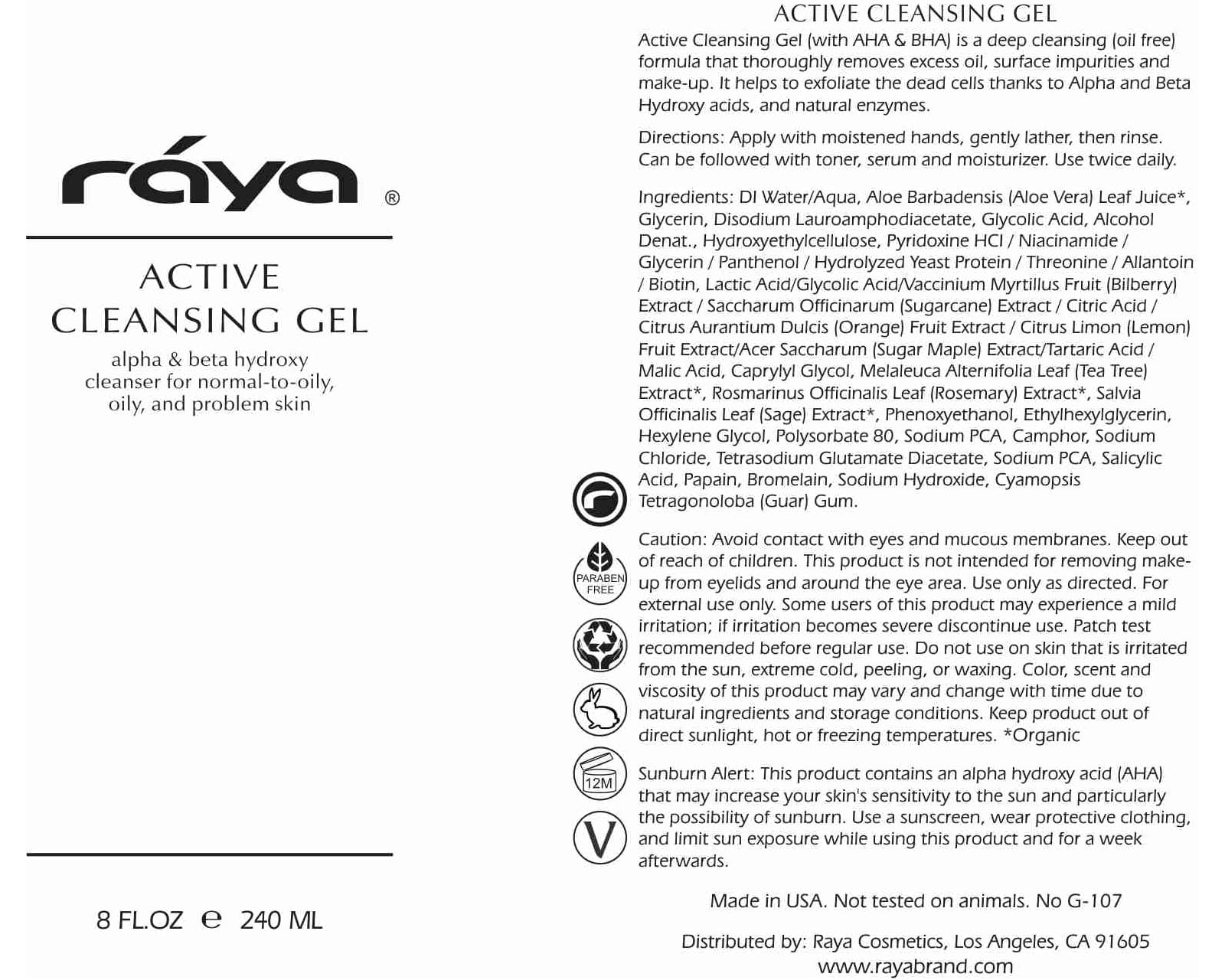 Raya Active Facial Cleansing Gel (G-107), Oil Control Cleanser with AHA and BHA, Deep Pore Gel for Oily and Break-Out Skin, Gentle Face Wash for Women and Men, Suitable for Daily Use, 8oz or 16oz btl