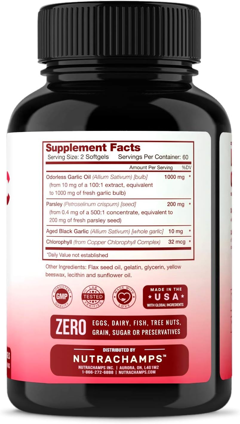 Odorless Garlic Pills [Extra Strength Softgels] 1000mg Immune Support Supplement - Heart, Blood Pressure & Cholesterol Support Capsules - Enhanced w/Parsley, Chlorophyll & Aged Black Garlic Extract: Health & Personal Care