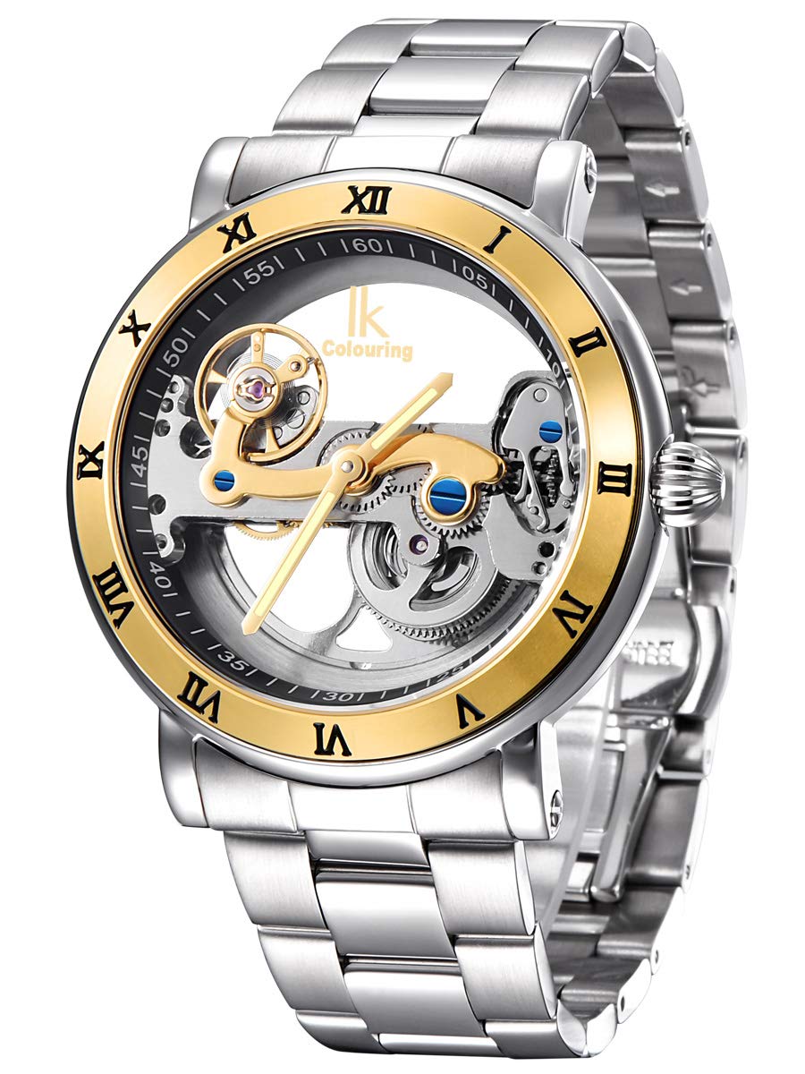 Alienwork IK Automatic Watch Men Women Silver Stainless Steel Metal Strap Skeleton Glass Bottom