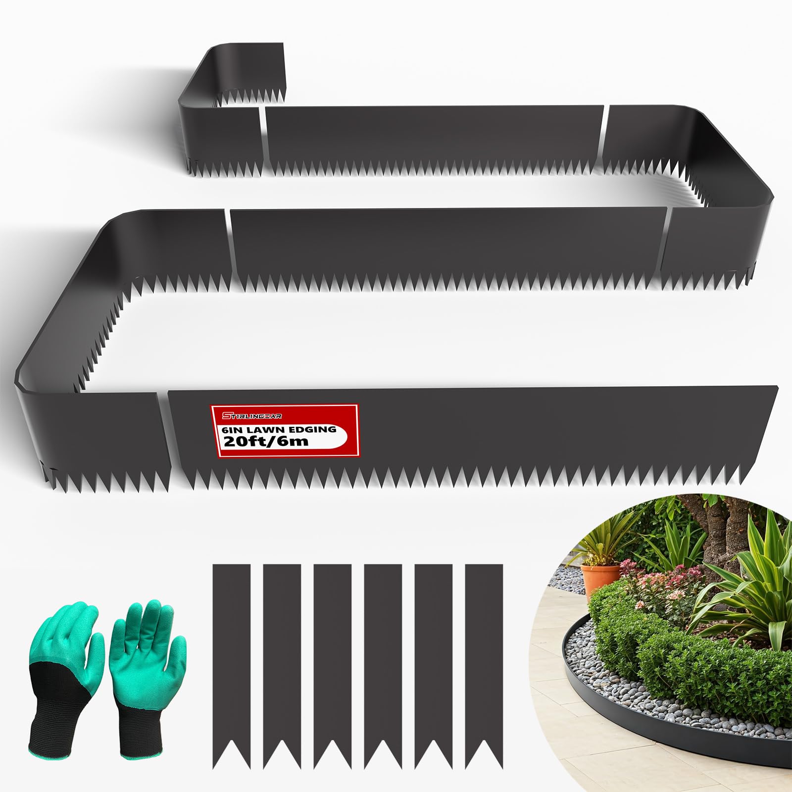 Photo 1 of 20ft. 6-Pack Galvanized Steel Landscape Edging - 40" L x 6" H Lawn Edging with 6 Stakes, Hammer-in Metal Garden Border for Landscaping, Lawn & Yard (Black)