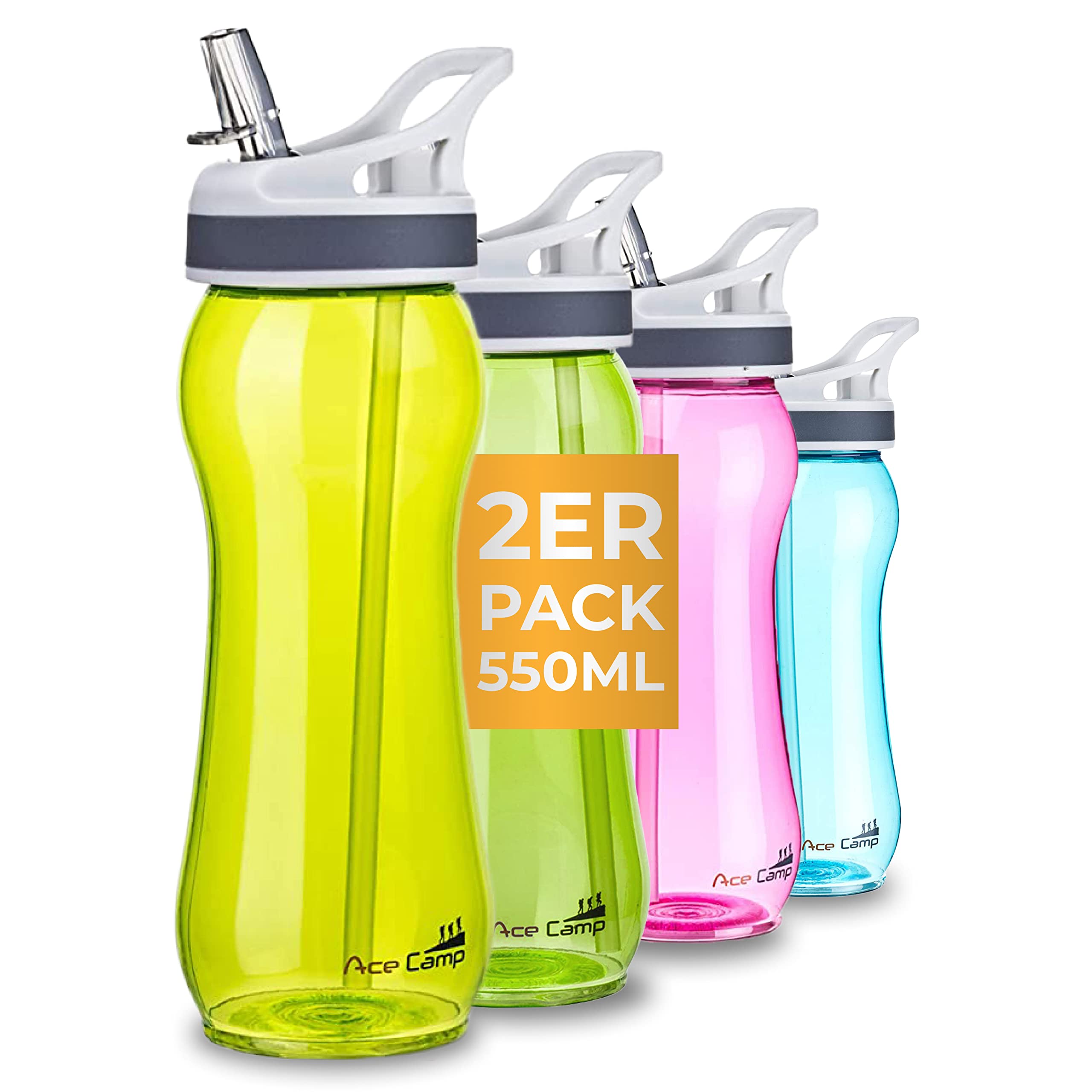 AceCamp Tritan Traveller Bottle, 350 ml/600 ml/ 800 ml, BPA Free, Water Bottle, Sports Bottle, Leak Proof, with Drinking Straw, Gelb 600ml Doppelpack, 600ml