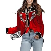 JOHN MOON Women's Embroidered Western Long Sleeve Buttons Down Shirts Collared Retro Casual Blouses Shirts