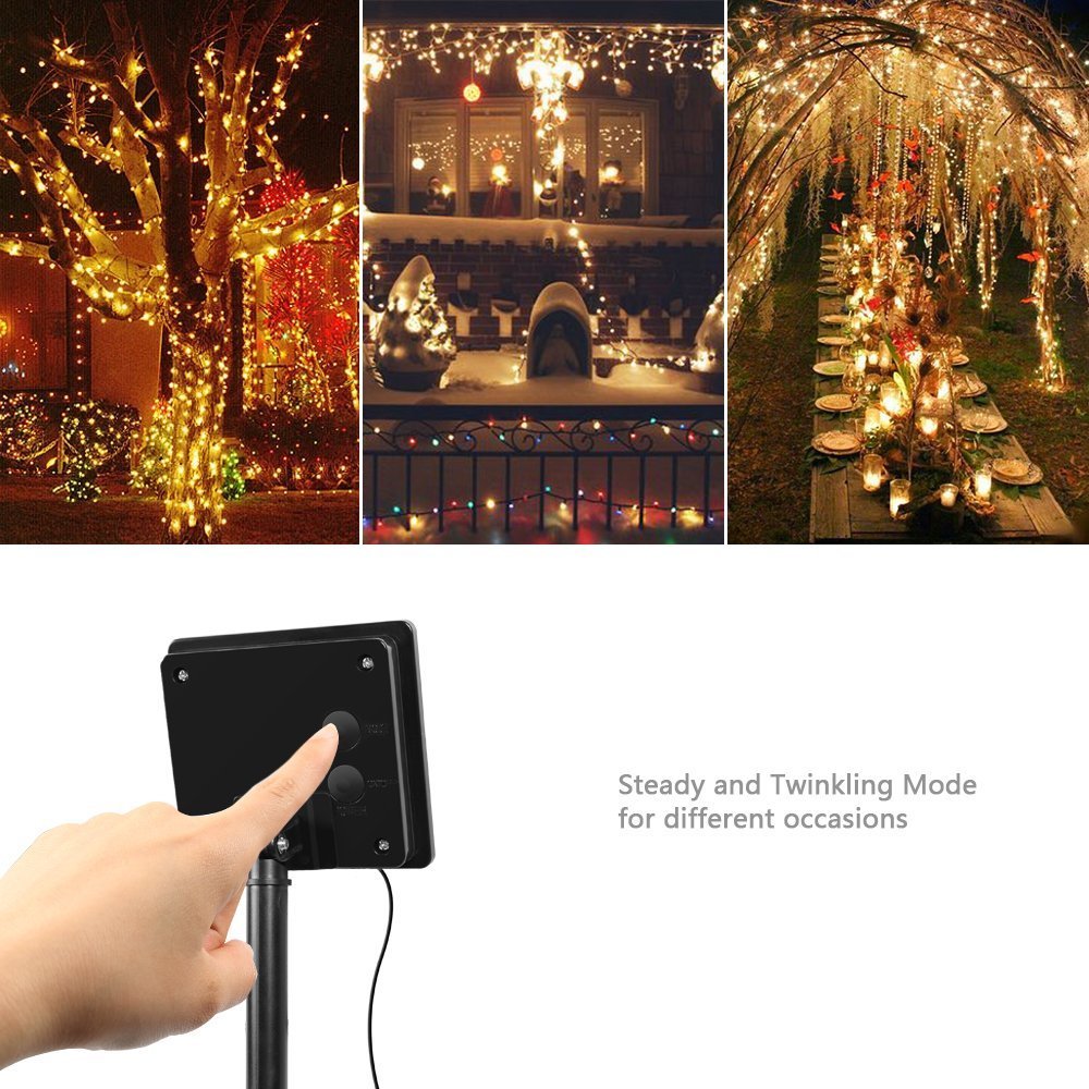 100 LED Solar Lichtekette, 33Ft Kupfer Lichtekette, Wasserdichte sternenhelle Lichtekette für inne und auße Ausschmückung, Party am Weihnachten, Feiertag (warme Weiß)