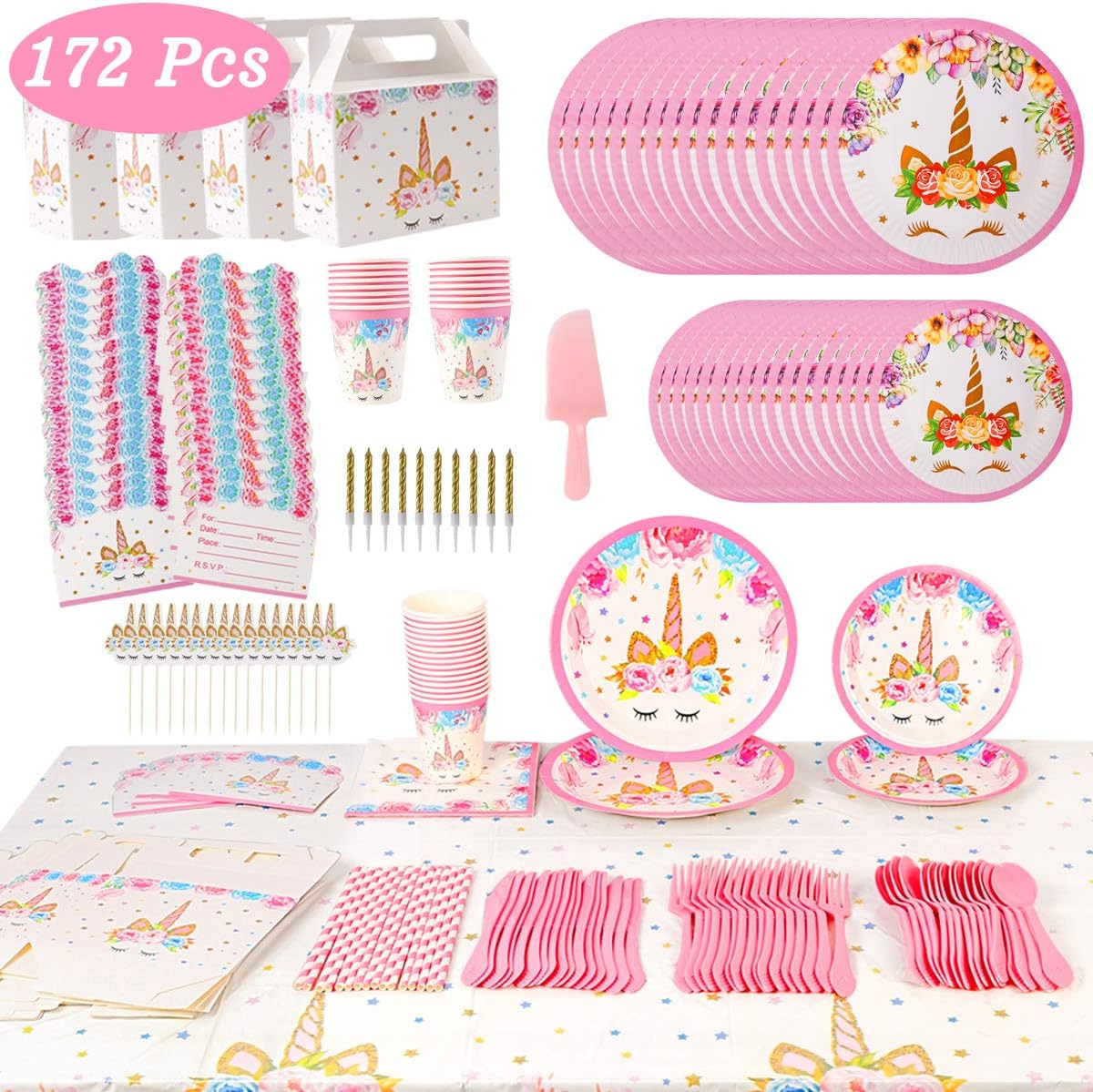 218 Pack Unicorn Party Supplies Set, Unicorn Birthday Packs Includs Flatware,Spoons,Plates,Tablecloth,Cups,Straws,Napkins,Invitation cards, Balloon,Box,Banner,Cake Topper: Toys & Games