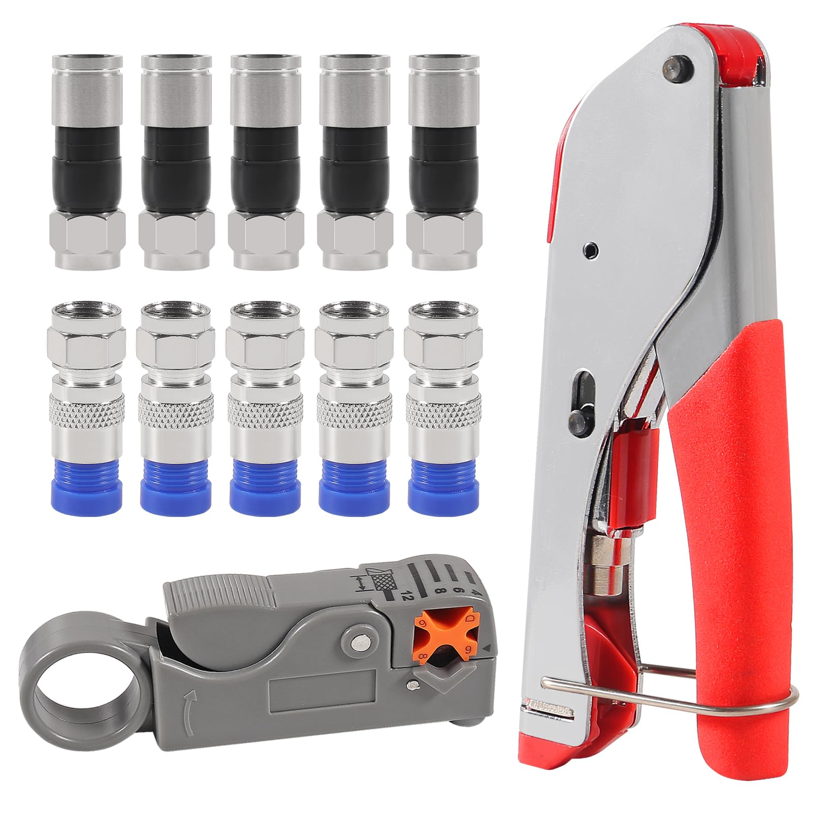 Photo 1 of 10Pcs F Type RG6 Compression Connectors Coaxial Cable Crimper Kit with Wire Stripper Repair Tool Compatible with RG59, RG6, RG11 Compatible Adjustable Tool for Satellite TV, Home Use