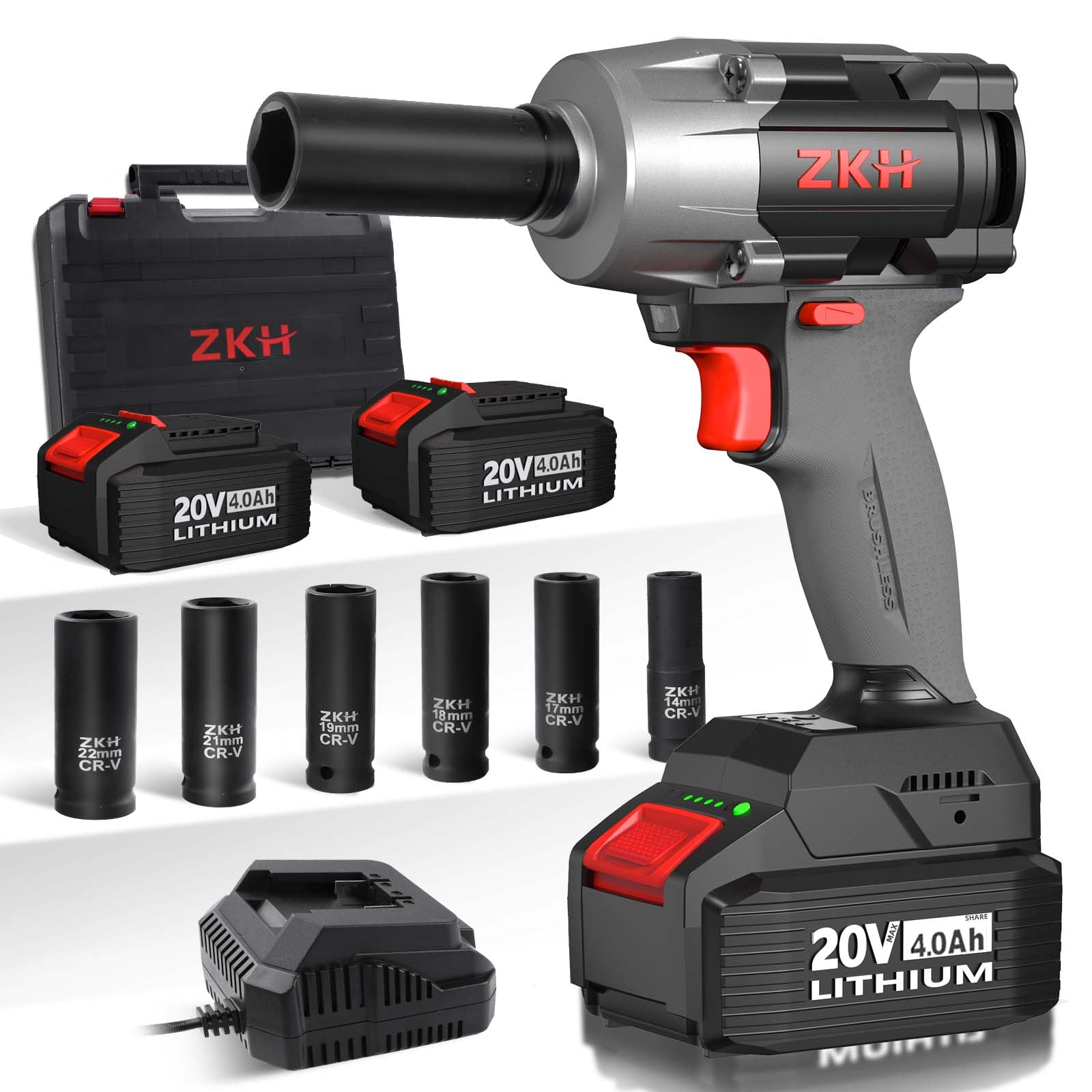Photo 1 of **BROKEN DOES NOT WORK** ZKH Cordless Impact Wrench 1/2 Inch, 550 ft-lbs(750N.m), 20V Brushless Torque Impact Gun, 3-Mode Speed, Max Torque, 2 x 4.0Ah Battery, Charger & 6 Sockets, Electric Impact Driver for Car Home Truck **** PARTS ONLY*****