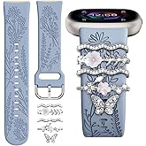 Wildflower Engraved Bands Compatible with Fitbit Sense 2, Versa 4/3, Sense Band with Charms, Soft Silicone Replacement Wristbands Strap with Cute Decorative Rings Accessories for Women