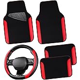 CAR PASS Faux Leather Steering Wheel Cover and Waterproof Car Floor Mats,Universal Car Combo Fit for 95% Sedan,SUV,Cars,14.5-15inch Sporty Anti-Slip Safety Comfortable Design(Black＆Red)