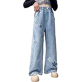 Betusline Girls Baggy Jeans Elastic Waist Casual Wide Leg Denim Pants 6-14 Years