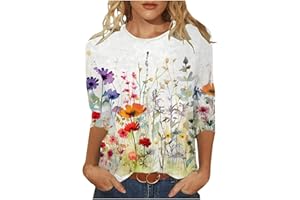 CHUOAND 2024 Floral Printed Tops for Women Trendy 3/4 Sleeve Shirts Loose Fit Casual Dressy Blouses Soft Color Block Tees