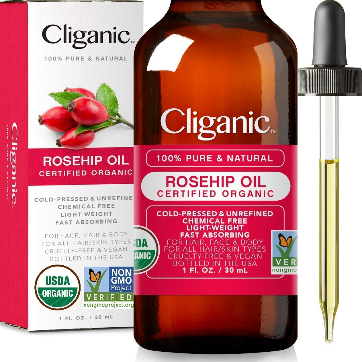Cliganic Organic Nature’s Glow Oils Trio: Jojoba, Argan & Rosehip - For Face, Hair & Body
