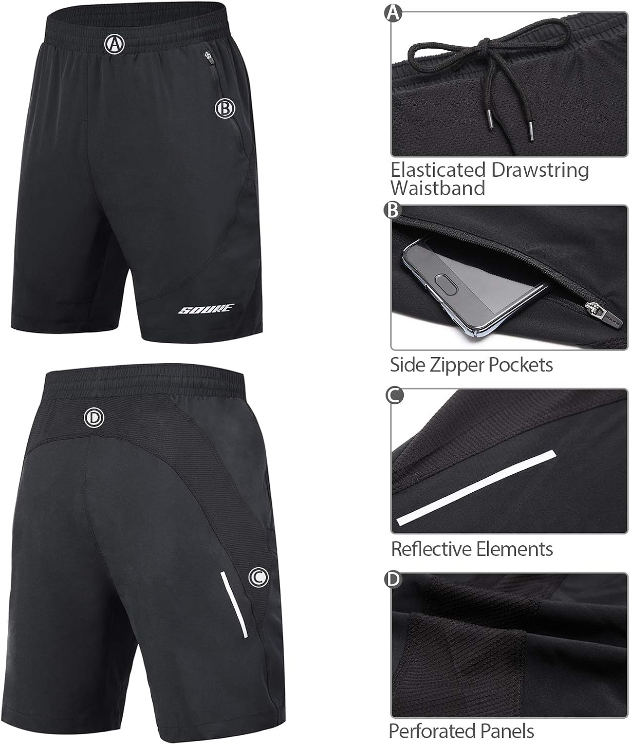 Souke Sports Men's Workout Running Shorts Quick Dry Athletic Performance Shorts Black Liner Zip Pockets: Clothing