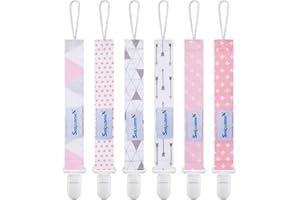 Smlpuame Pacifier Clip Girl,6 Pack Stylish Binky Clips Strap for Baby Girls,Paci Holder with Clip Lightweight Universal Fits Most Pacifiers Teether Toy Teething Ring Soothie,Baby Gifts(Pink & Grey)