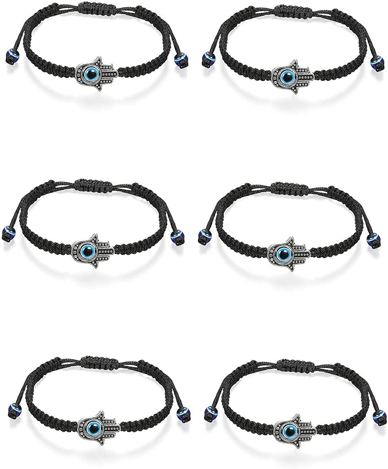 Finrezio 6 PCS Evil Eye Bracelet Hamsa Braided Bracelets Kabbalah String Bracelet Fatima Hands for Men Women Black