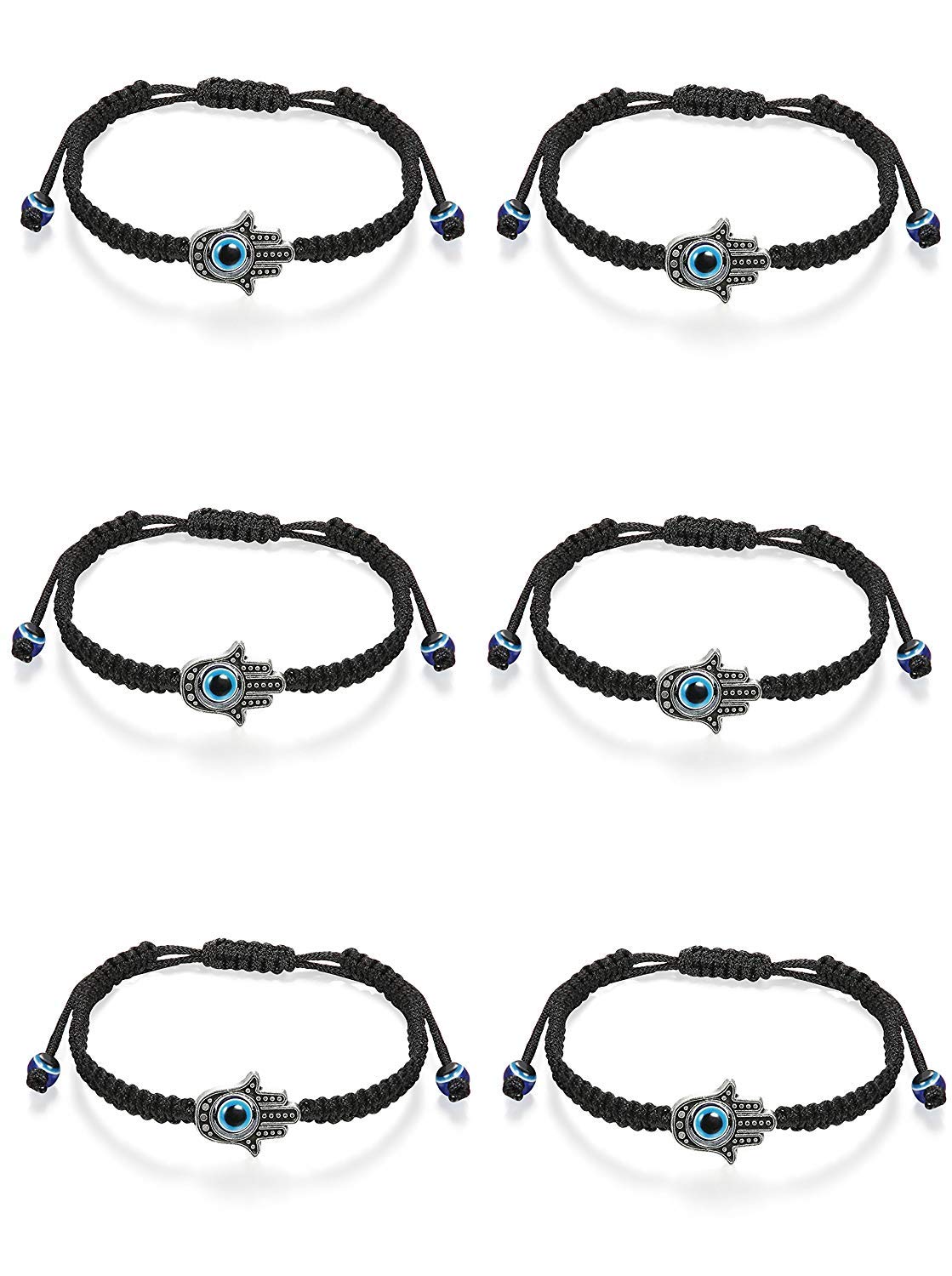 Finrezio 6 PCS Evil Eye Bracelet Hamsa Braided Bracelets Kabbalah String Bracelet Fatima Hands for Men Women Black