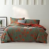 Purefair 100% Cotton Muslin Jacquard Comforter Set, Floral Ginkgo Leaves Print, Soft Lightweight Reversible 3 Piece Bedding Sets for All Season, Green Orange, King(104"x90")