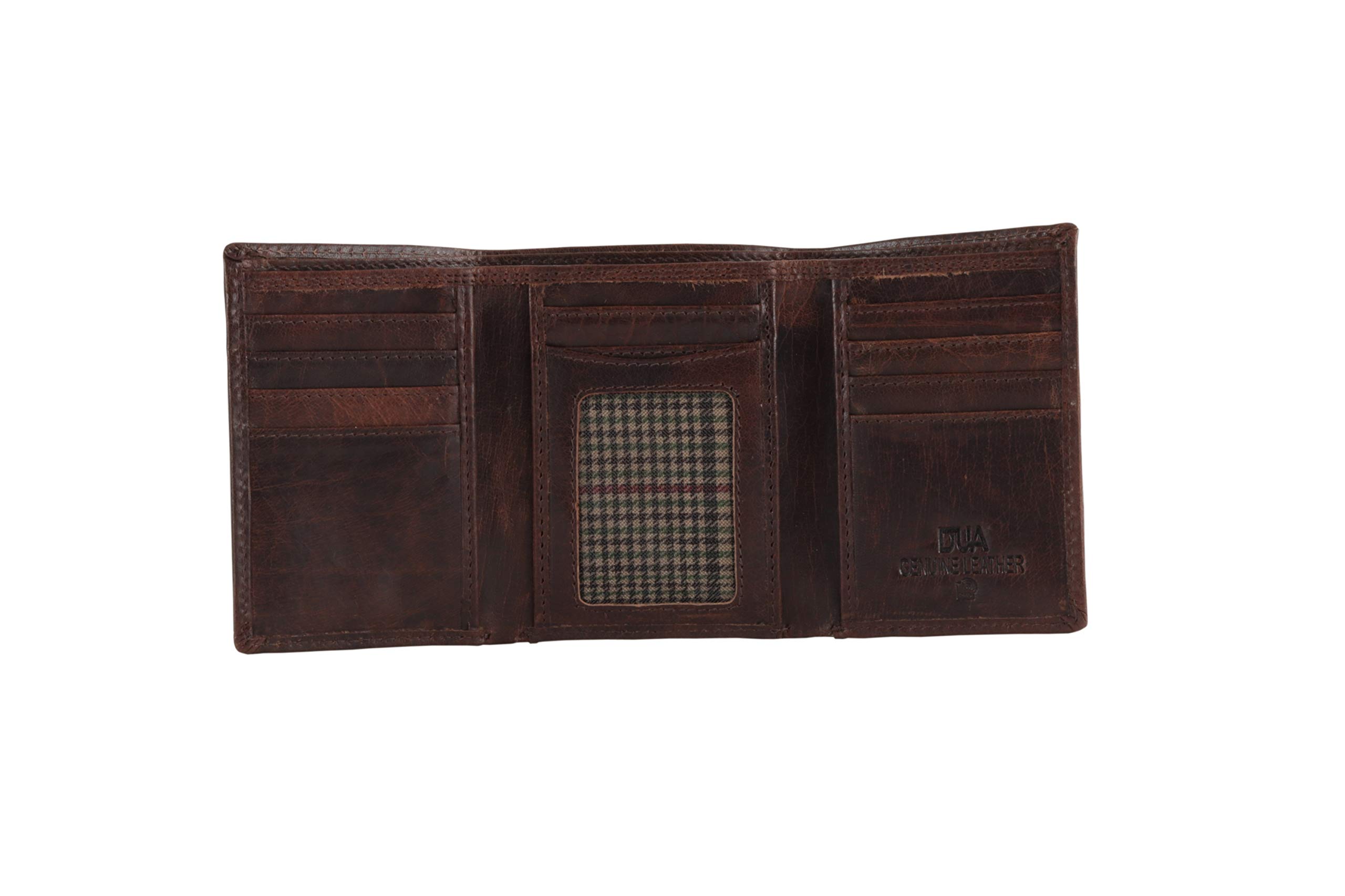 DUA RFID Mens Genuine Leather Trifold Wallet Card Holder Black & Brown (Brown)