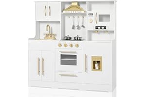 TODEFULL Kids Kitchen Playset, Wooden Play Kitchen with Toy Storage System, Pretend Play Kitchen Set Toy with Range Hood, Ice Maker & Coffee Maker, for Kids Ages 3+, White