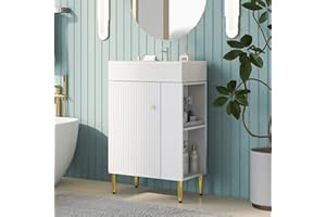 ANTSKU 22" Small Bathroom Vanity Sink Combo, White Bathroom Cabinet Vanity with Rectangle Ceramic Vessel Sink and Right Side Storage, Freestanding Bathroom Vanity Cabinet with Single Sink, Gold Metal Leg